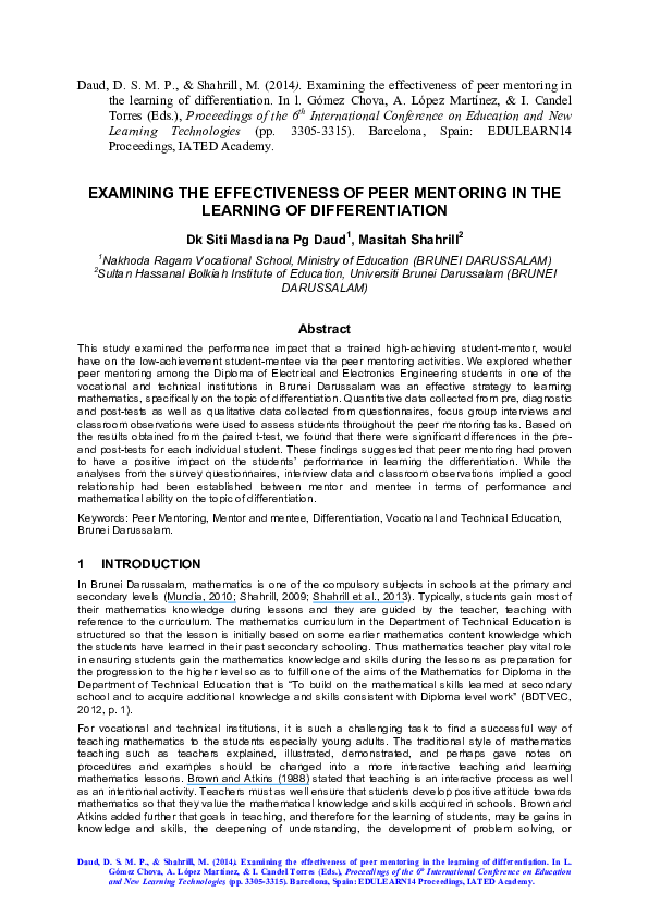 (PDF) Examining the Effectiveness of Peer Mentoring in the Learning of ...