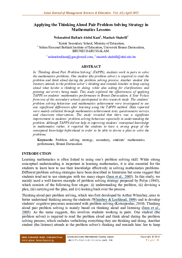 (PDF) Applying the Thinking Aloud Pair Problem Solving Strategy in ...