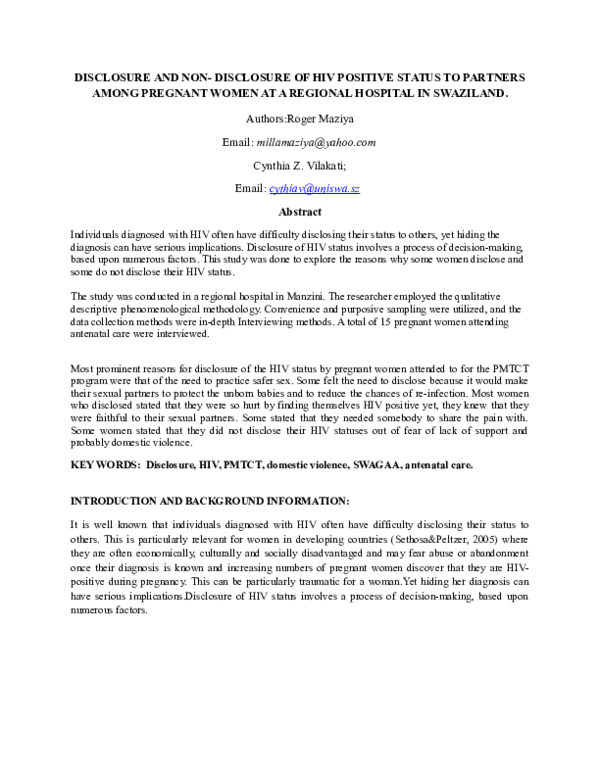 (DOC) DISCLOSURE AND NON-DISCLOSURE OF HIV POSITIVE STATUS TO PARTNERS ...