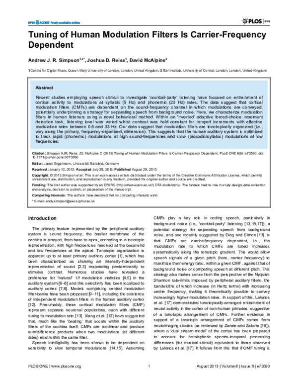 (PDF) Tuning of Human Modulation Filters is Carrier-Frequency Dependent