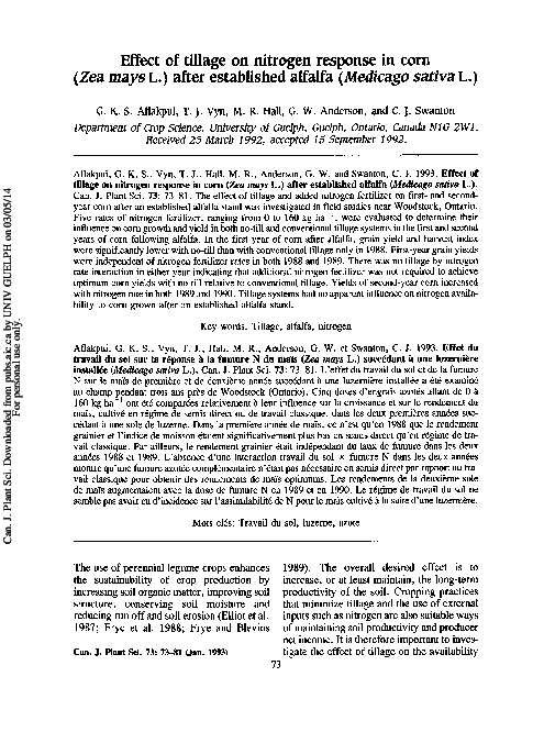 (PDF) Effect of tillage on nitrogen response in corn ( Zea mays L ...