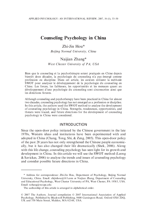 (PDF) Counseling Psychology in China Jane Deng Academia.edu