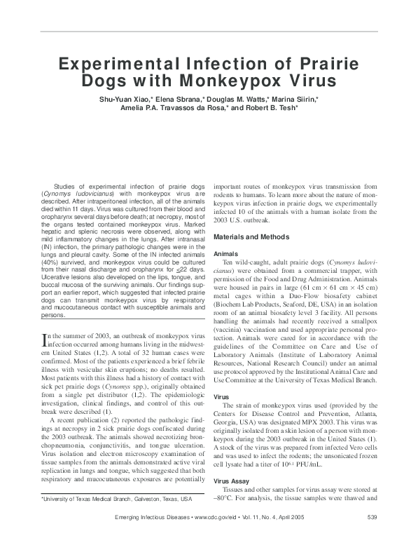 (PDF) Experimental Infection of Prairie Dogs with Monkeypox Virus