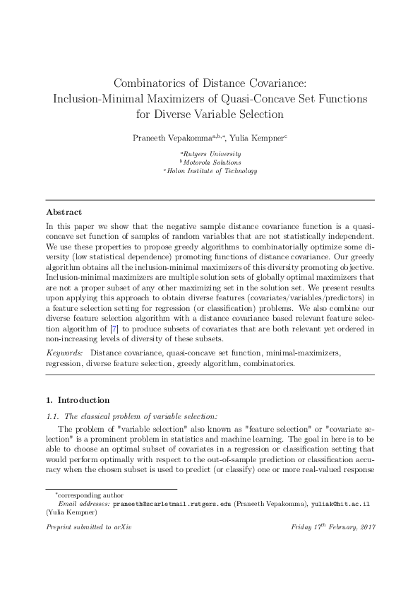 (PDF) Combinatorics of Distance Covariance InclusionMinimal Maximizers of QuasiConcave Set