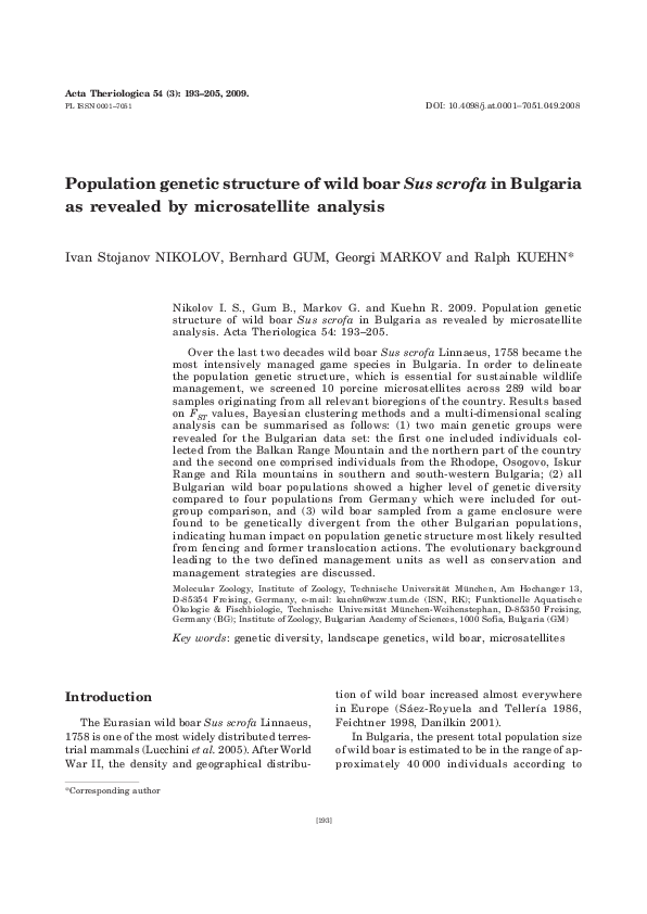 (PDF) Population genetic structure of wild boar Sus scrofa in Bulgaria ...
