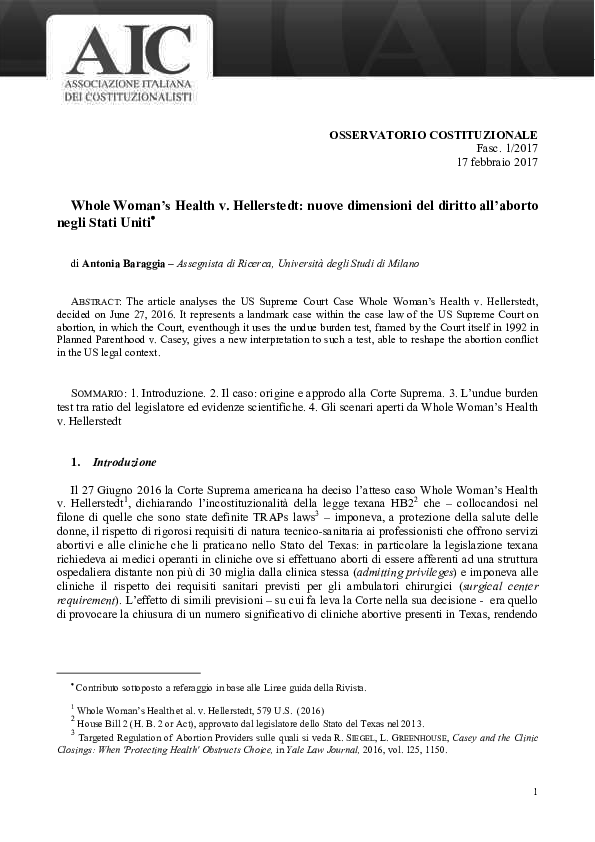 (PDF) Whole Woman’s Health v. Hellerstedt nuove dimensioni del diritto
