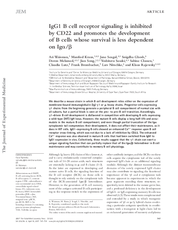(PDF) IgG1 B cell receptor signaling is inhibited by CD22 and promotes ...