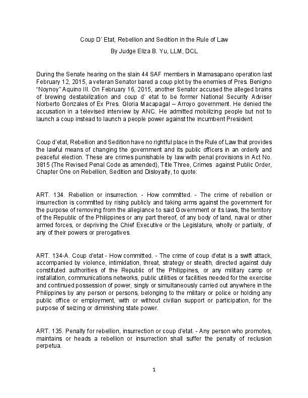 (PDF) Coup D' Etat, Rebellion and Sedition in the Rule of Law Judge