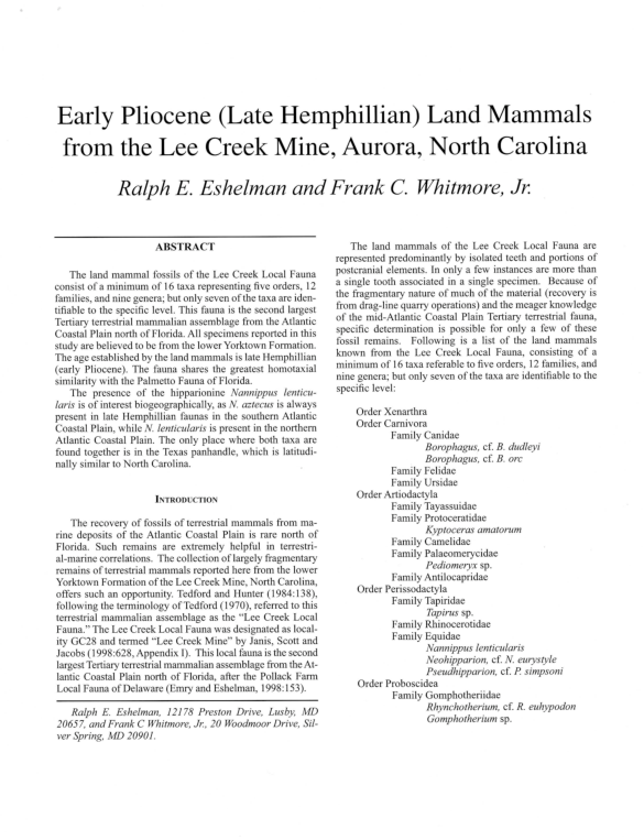 (PDF) Early Pliocene (Late Hemphillian) Land Mammals from the Lee Creek