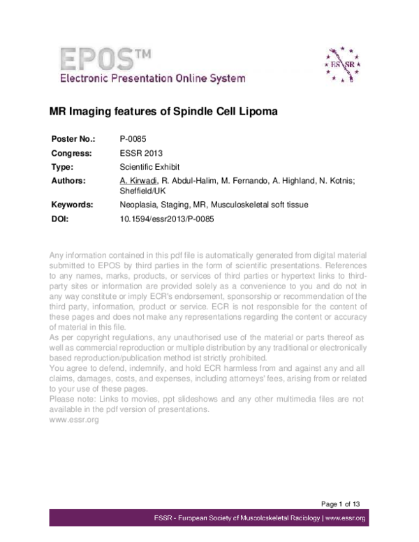 (PDF) MR Imaging features of Spindle Cell Lipoma Type Scientific