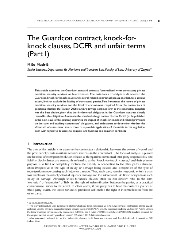 (PDF) The Guardcon contract, knockfor knock clauses, DCFR and unfair terms (Part I) Mišo