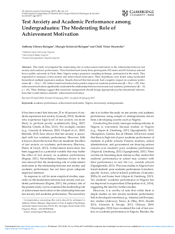(PDF) Test Anxiety and Academic Performance Among Undergraduates The