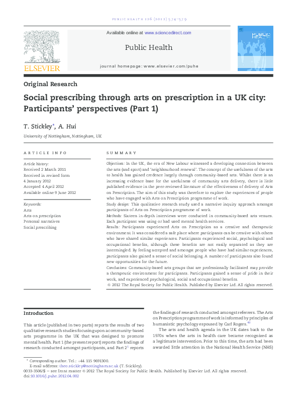 (PDF) Social prescribing through arts on prescription in a UK city ...