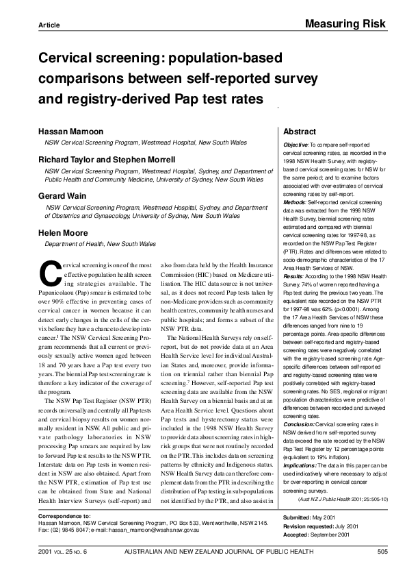 (PDF) Cervical screening populationbased comparisons between self