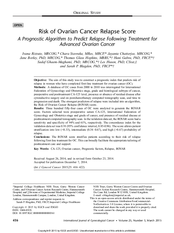 (PDF) Risk of Ovarian Cancer Relapse Score