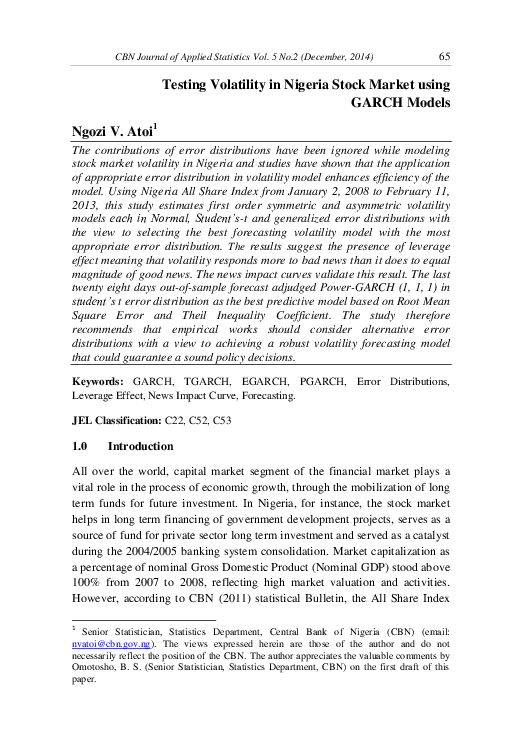 (PDF) Testing Volatility in Nigeria Stock Market using GARCH Models