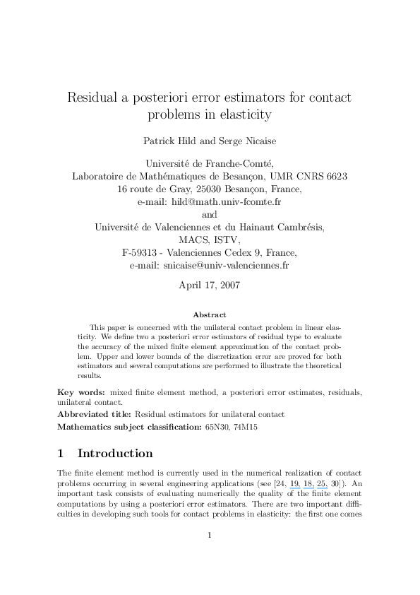 (PDF) Residual a posteriori error estimators for contact problems in ...