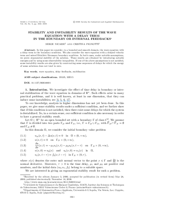(PDF) Stability and Instability Results of the Wave Equation with a ...