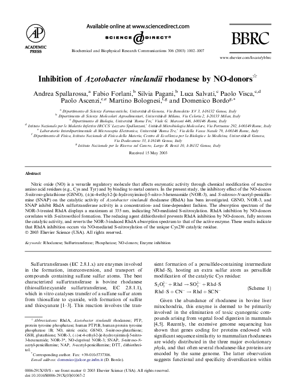(PDF) Inhibition of Azotobacter vinelandii rhodanese by NO-donors