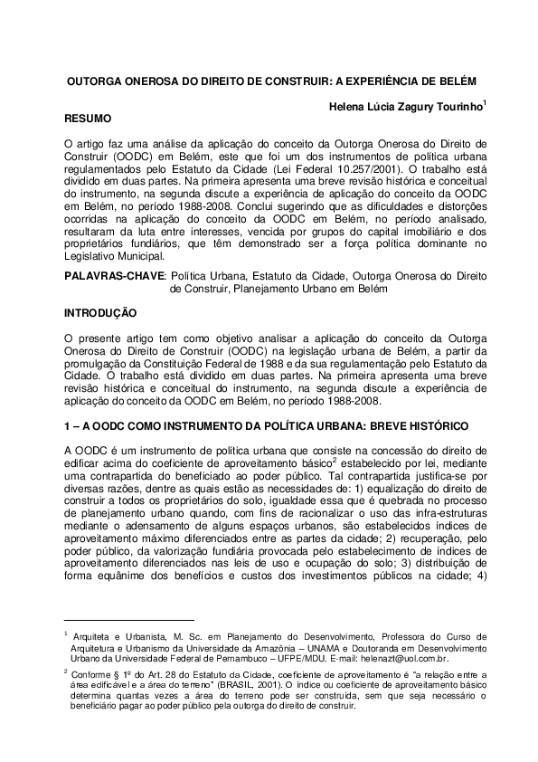 (PDF) ONEROSA DO DIREITO DE CONSTRUIR A EXPERIÊNCIA DE BELÉM Helena Tourinho