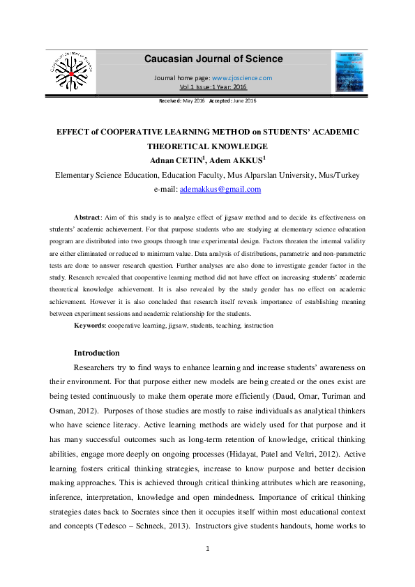 (PDF) EFFECT of COOPERATIVE LEARNING METHOD on STUDENTS' ACADEMIC ...