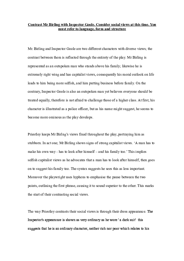 (DOC) Contrast Mr Birling with Inspector Goole. Consider social views at this time. You must