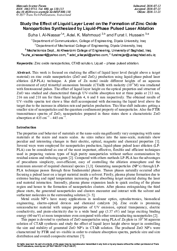 (PDF) Study the Effect of Liquid Layer Level on the Formation of Zinc