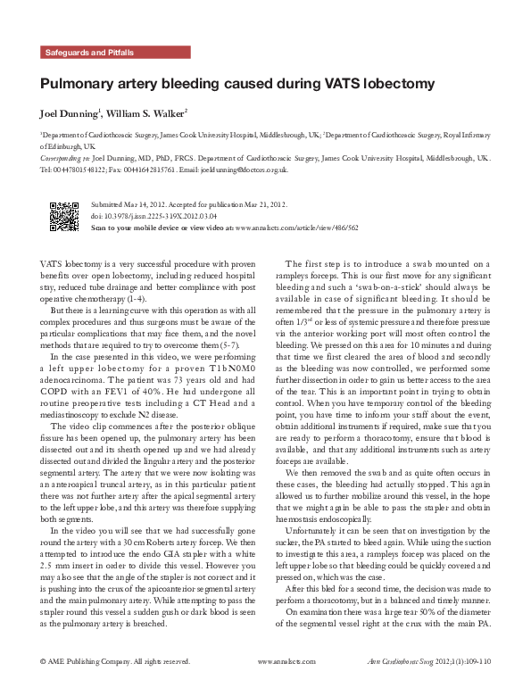 (PDF) Pulmonary artery bleeding caused during VATS lobectomy