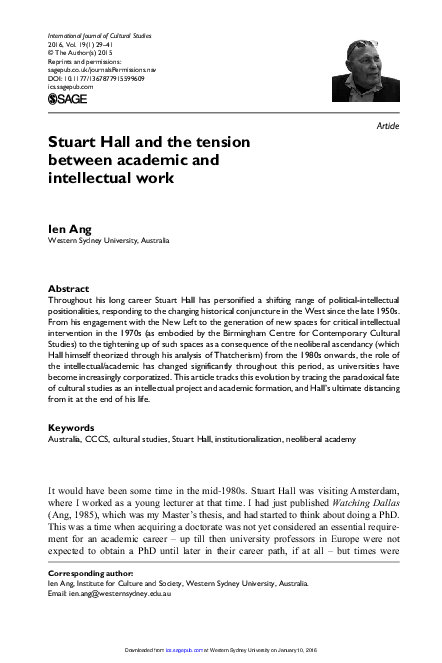 (PDF) Stuart Hall and the tension between academic and intellectual work