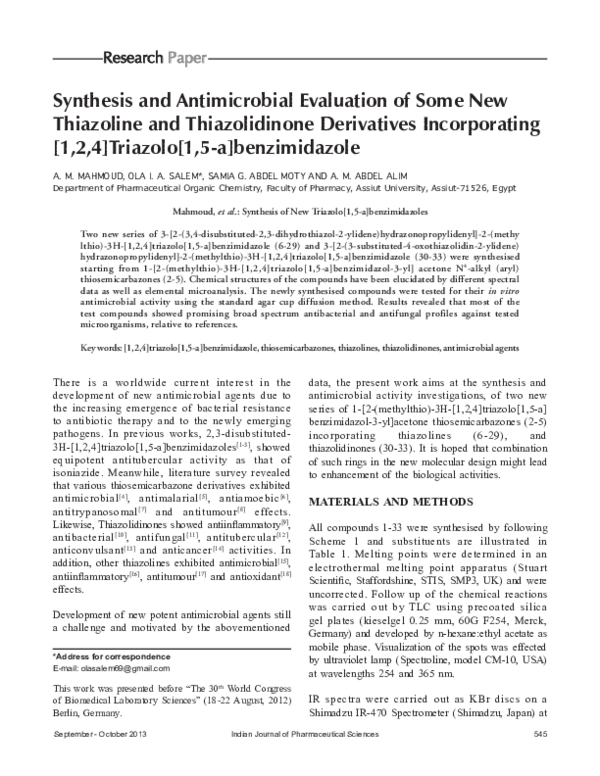 (PDF) Synthesis and antimicrobial evaluation of some new thiazoline and ...