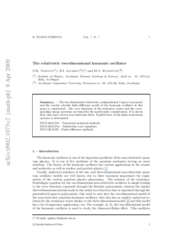 (PDF) The relativistic two-dimensional harmonic oscillator