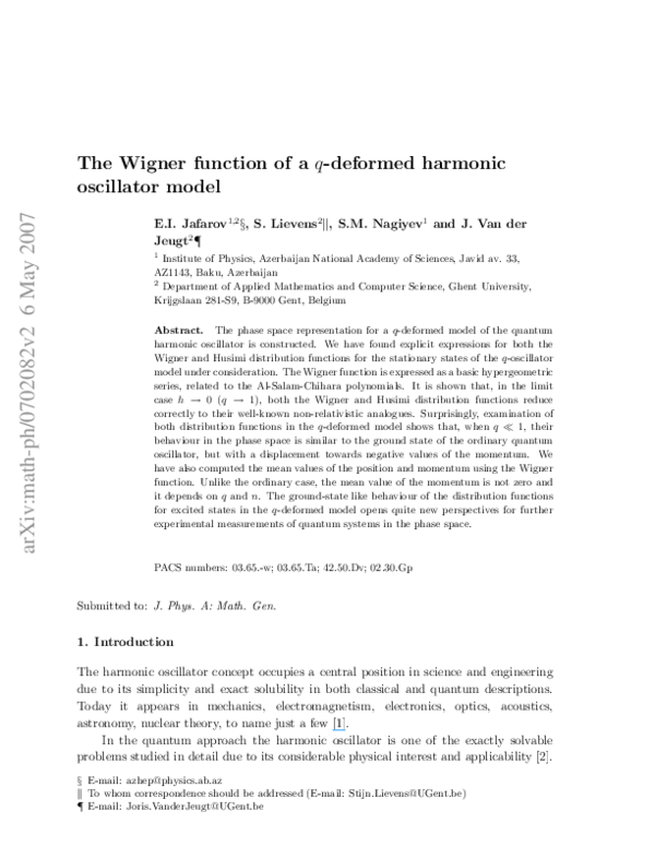 (PDF) The Wigner function of a q -deformed harmonic oscillator model