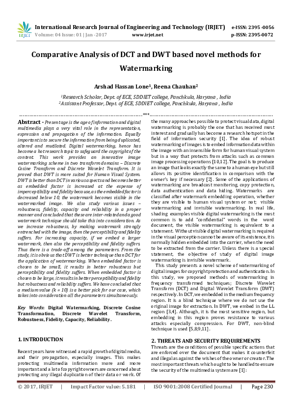 (PDF) IRJET-Comparative Analysis of DCT and DWT based novel methods for ...