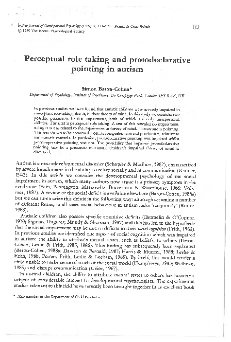 (PDF) Perceptual role taking and protodeclarative pointing in autism