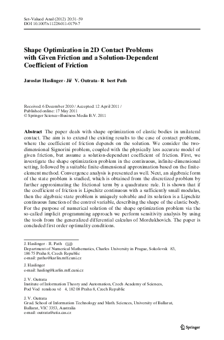 (PDF) Shape Optimization in 2D Contact Problems with Given Friction and ...