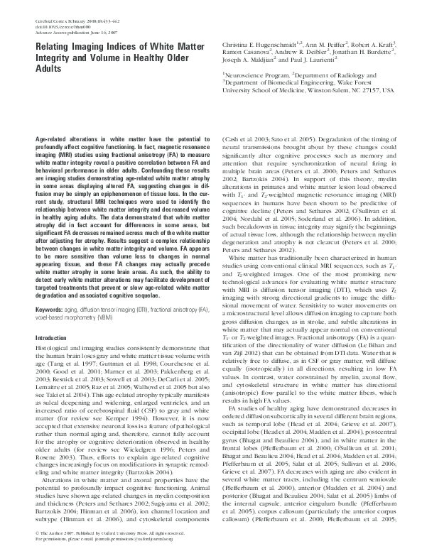 (PDF) Relating Imaging Indices of White Matter Integrity and Volume in ...