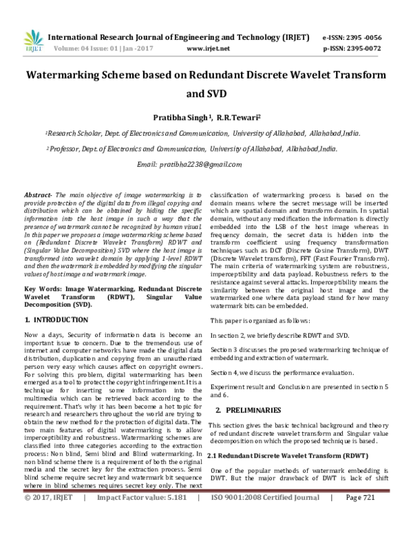 (PDF) IRJET-Watermarking Scheme based on Redundant Discrete Wavelet ...