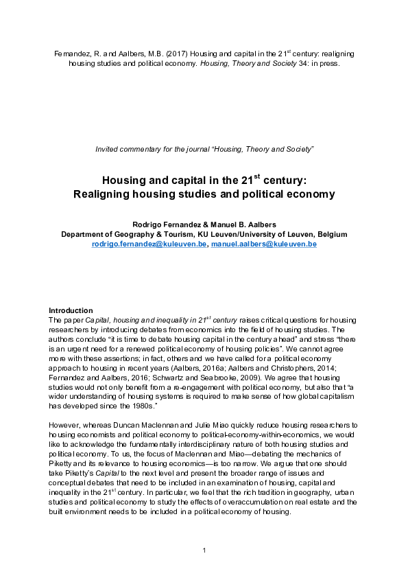 (PDF) Housing and capital in the 21 st century: Realigning housing ...
