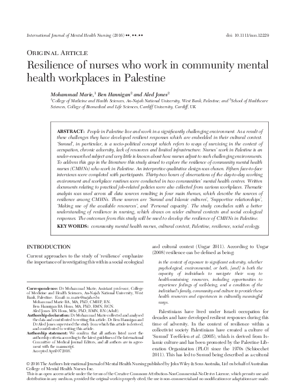 (PDF) Resilience of nurses who work in community mental health ...