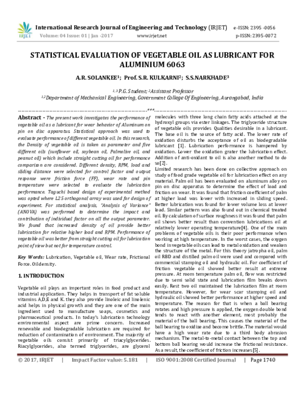 (PDF) IRJETSTATISTICAL EVALUATION OF VEGETABLE OIL AS LUBRICANT FOR