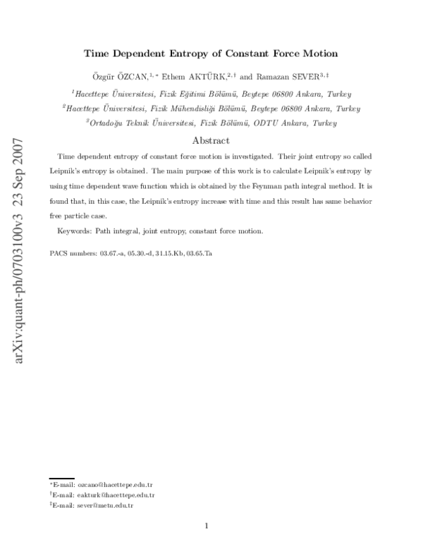 (PDF) Time Dependent Entropy of Constant Force Motion