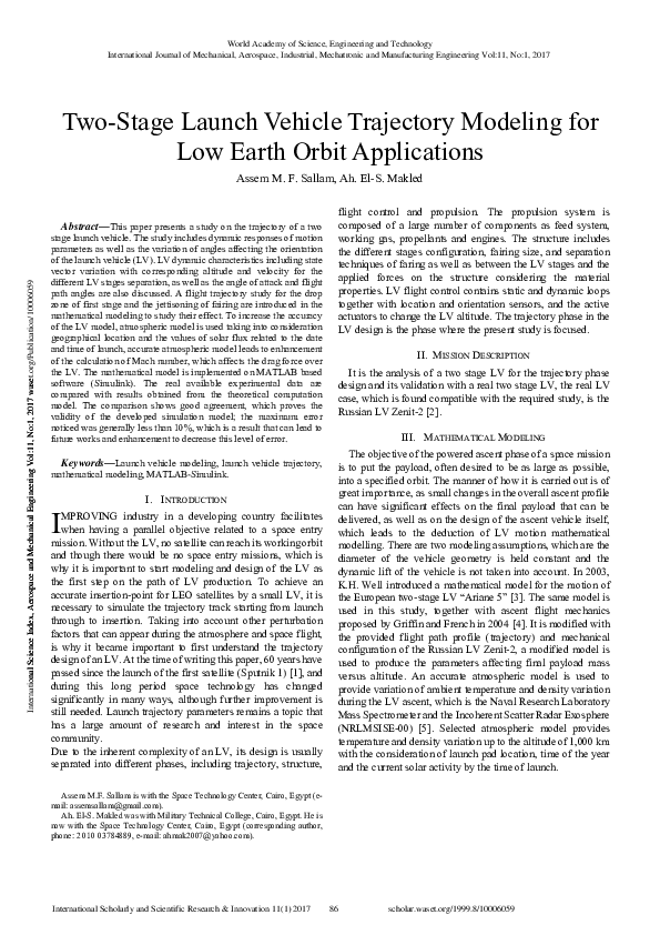 (PDF) Two Stage Launch Vehicle Trajectory Modeling for Low Earth Orbit ...