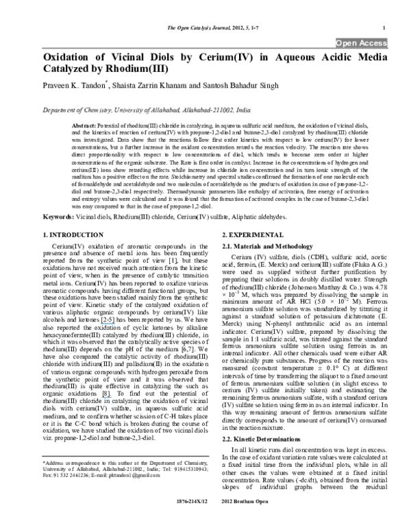 (PDF) Oxidation of Vicinal Diols by Cerium(IV) in Aqueous Acidic Media ...