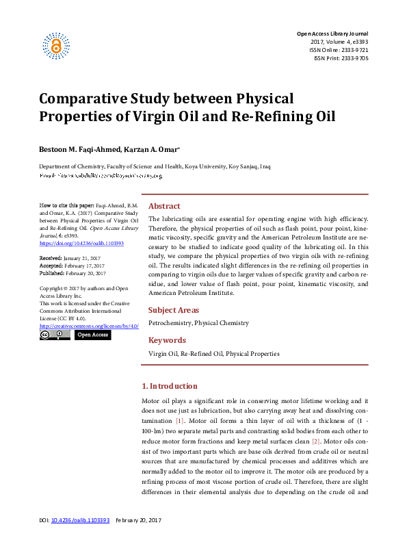 (PDF) Comparative Study between Physical Properties of Virgin Oil and ...