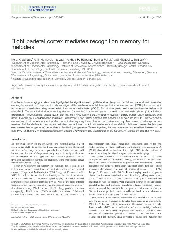 (PDF) Right parietal cortex mediates recognition memory for melodies