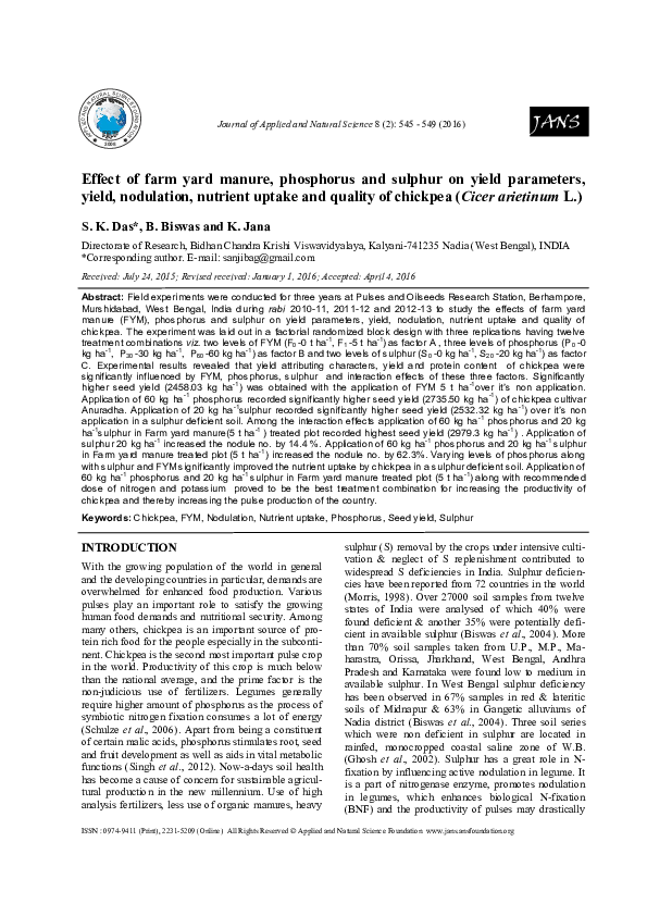 (PDF) Effect of farm yard manure, phosphorus and sulphur on yield ...