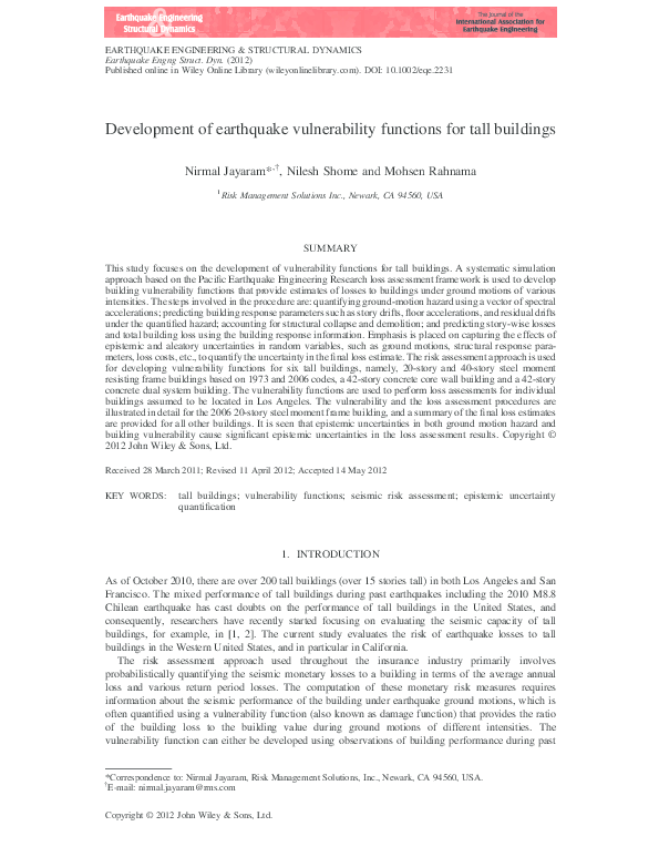 (PDF) Development of earthquake vulnerability functions for tall buildings