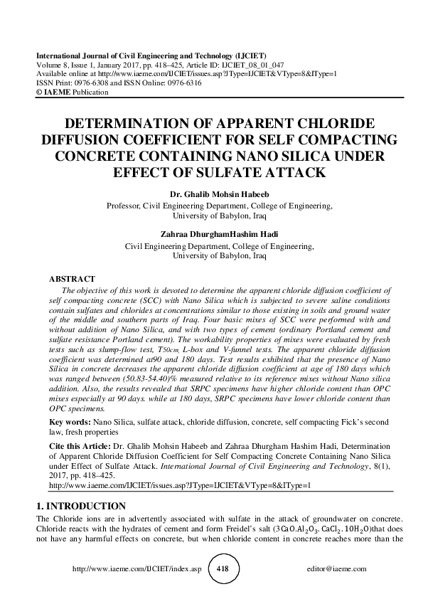 (PDF) DETERMINATION OF APPARENT CHLORIDE DIFFUSION COEFFICIENT FOR SELF ...