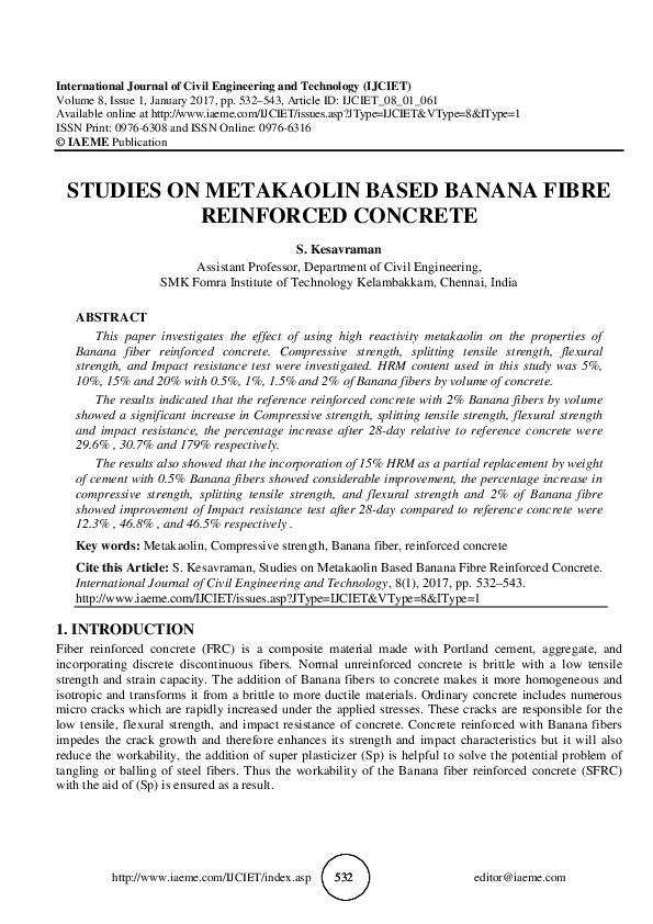 (PDF) STUDIES ON METAKAOLIN BASED BANANA FIBRE REINFORCED CONCRETE