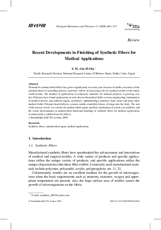 (PDF) Recent Developments in Finishing of Synthetic Fibers for Medical ...